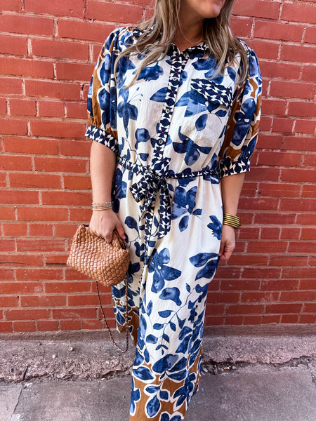 Botanical Belted Midi Dress- Slate Blue-K. Ellis Boutique