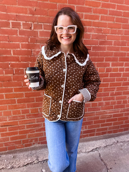 Quilted Jacket Peter Pan Collar- Brown-K. Ellis Boutique