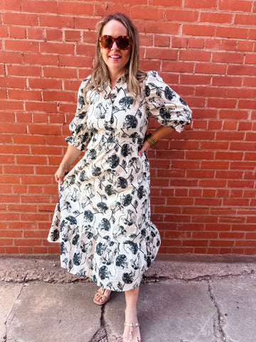 Floral Ruffle Hem Midi- Cream-K. Ellis Boutique