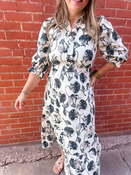 Floral Ruffle Hem Midi- Cream-K. Ellis Boutique