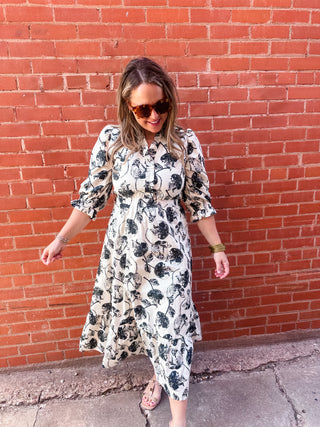 Floral Ruffle Hem Midi- Cream-Midi/Maxi Dress-K. Ellis Boutique