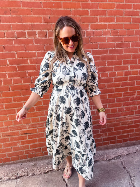 Floral Ruffle Hem Midi- Cream-K. Ellis Boutique