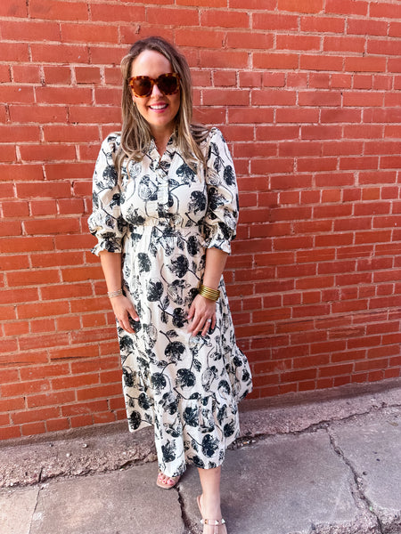 Floral Ruffle Hem Midi- Cream-K. Ellis Boutique