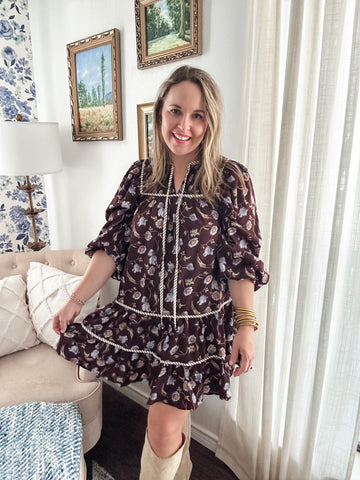 Floral Smocked Babydoll Mini- Brown-K. Ellis Boutique