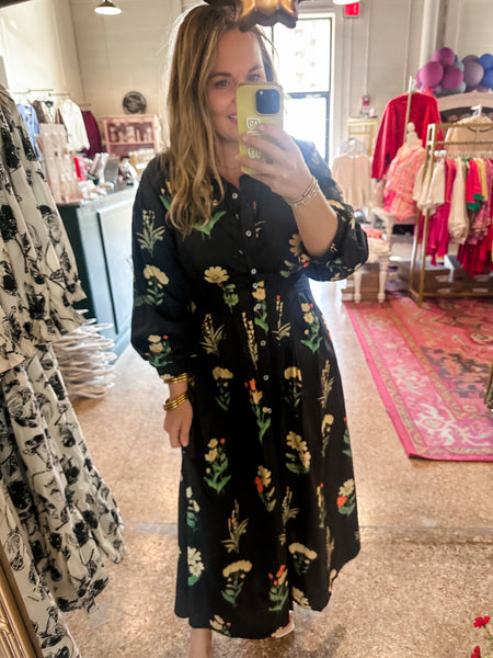 Pleated Waist Floral Midi- Black-K. Ellis Boutique