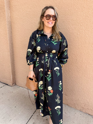 Pleated Waist Floral Midi- Black-K. Ellis Boutique