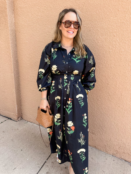 Pleated Waist Floral Midi- Black-K. Ellis Boutique