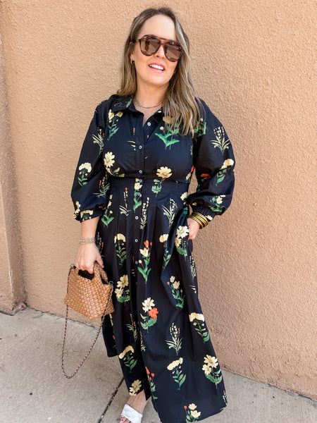 Pleated Waist Floral Midi- Black-K. Ellis Boutique