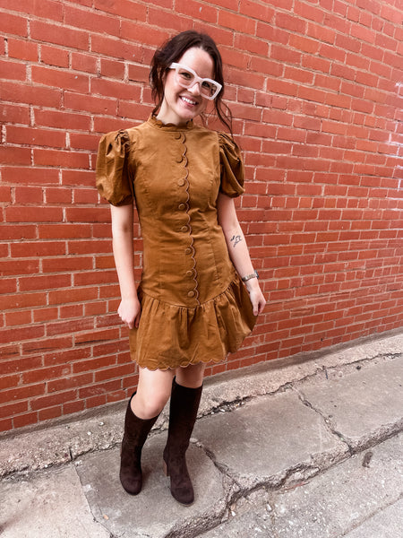 Scalloped Button Front Camel Mini Dress- Camel-K. Ellis Boutique