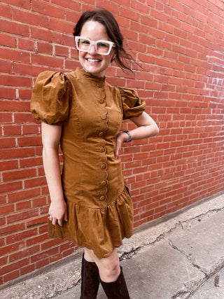 Scalloped Button Front Camel Mini Dress- Camel-K. Ellis Boutique