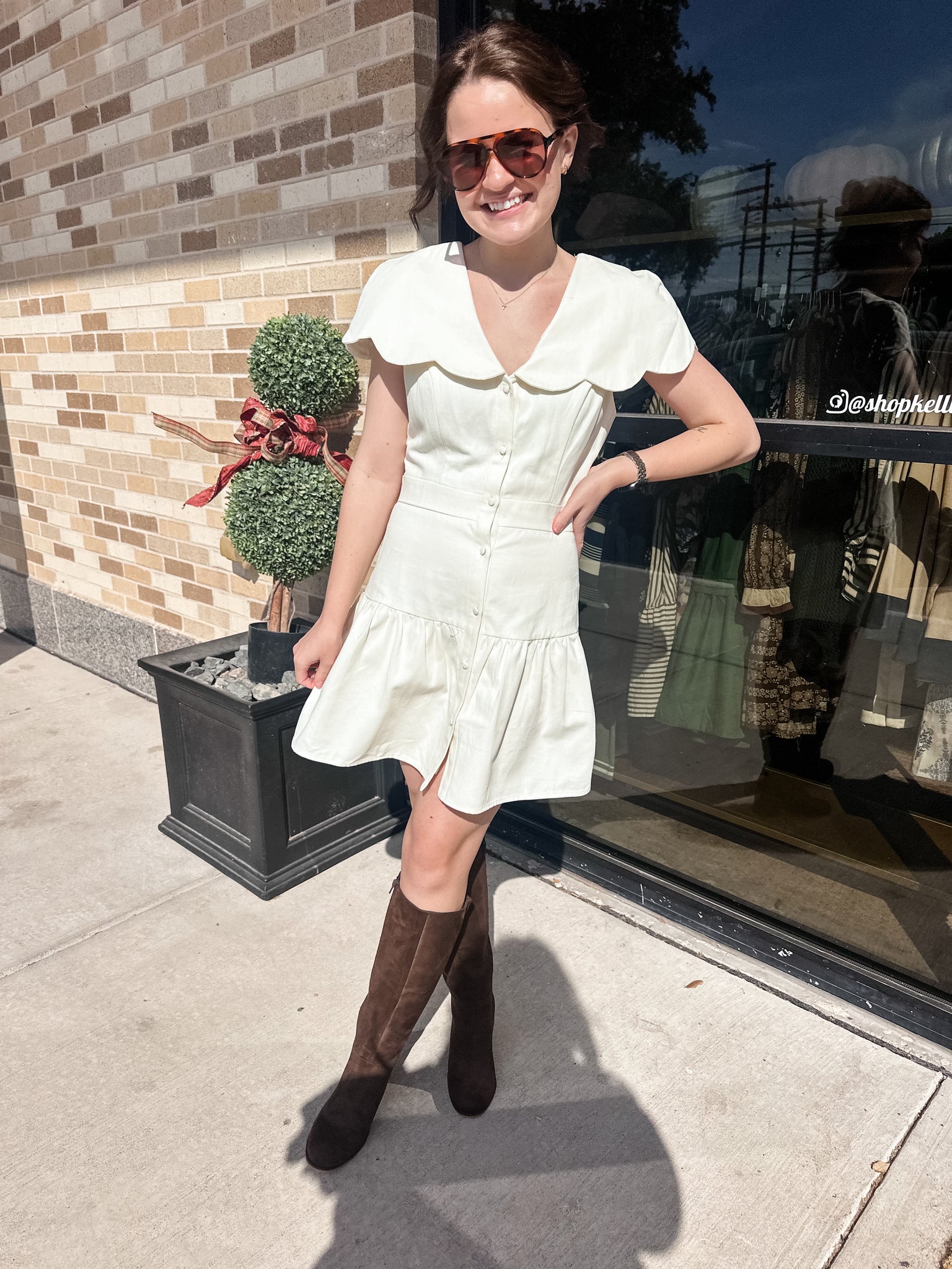 Fit And Flare Scalloped Collar Dress- Cream-K. Ellis Boutique