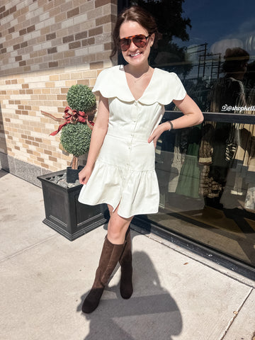 Fit And Flare Scalloped Collar Dress- Cream-K. Ellis Boutique