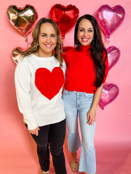 Heart Shape Cable Detail Sweater Top- Red/White-K. Ellis Boutique