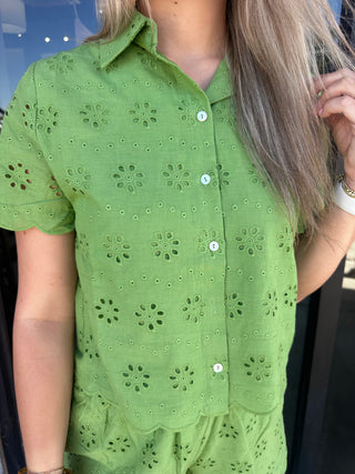 Eyelet Detailed Button Down Shirt & Short - Sage-Set-K. Ellis Boutique