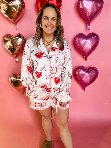 Satin Print Scallop Detail & Lace Trim Pajamas Valentines-K. Ellis Boutique