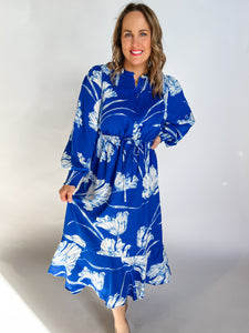 Floral Smocked Midi Dress- Blue/White-K. Ellis Boutique