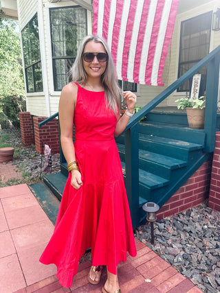 Halter Neck A-line Midi Dress- Red-Midi/Maxi Dress-K. Ellis Boutique