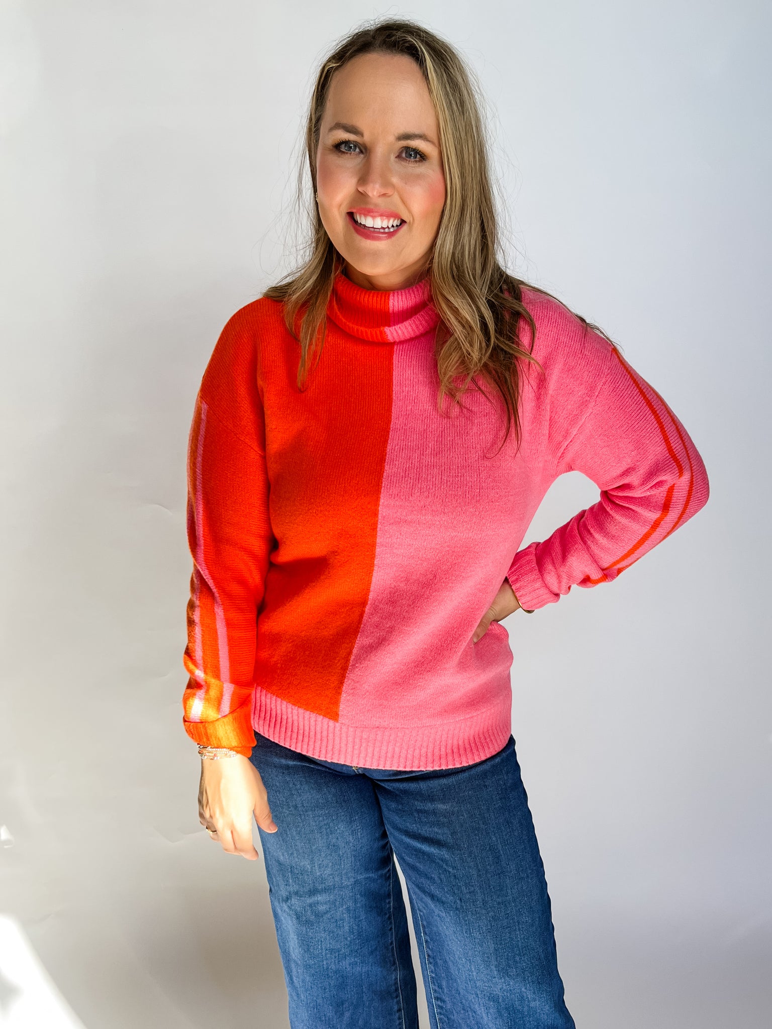 Colorblock Turtleneck Sweater- Pink/Orange-K. Ellis Boutique