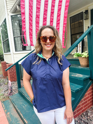 Mock Neck Cap Sleeve Top- Navy-Short Sleeve Top-K. Ellis Boutique