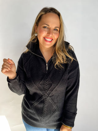 Textured Half Zip Pull Over Sweater- Black-Sweater-K. Ellis Boutique
