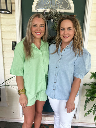 DENIM RUFFLE NECK BUTTON UP TOP- Karlie-K. Ellis Boutique