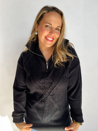 Textured Half Zip Pull Over Sweater- Black-Sweater-K. Ellis Boutique