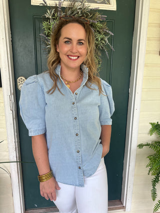 DENIM RUFFLE NECK BUTTON UP TOP- Karlie-K. Ellis Boutique
