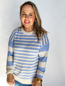 Textured Stripe Long Sleeve Crew Neck- Chambray-K. Ellis Boutique