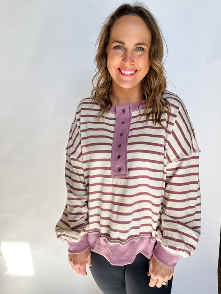 Oversized Stripe Sweatshirt- Mauve-K. Ellis Boutique