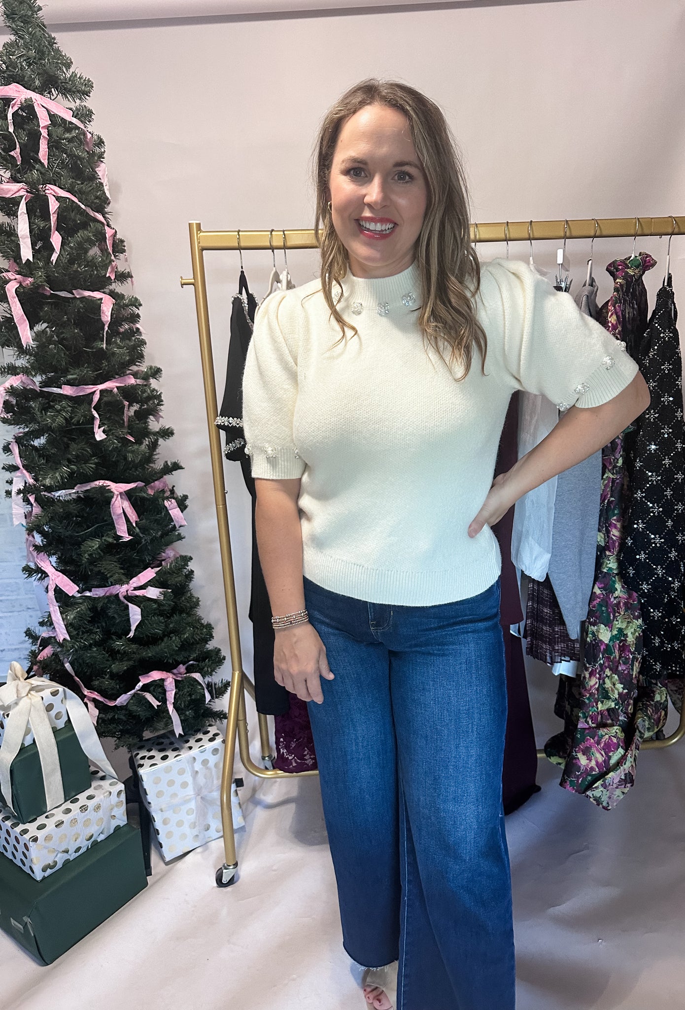 Pearl Detail Puff Sleeve Top- White-K. Ellis Boutique