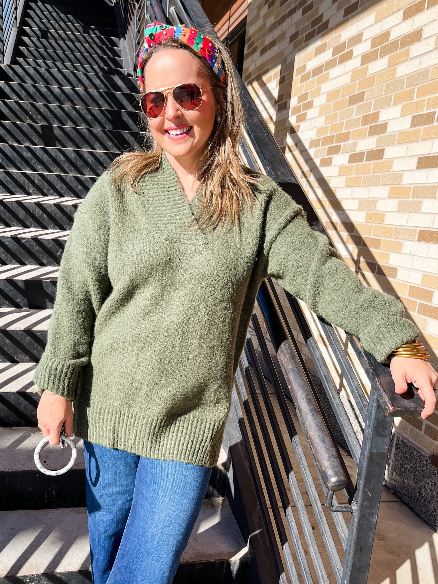 V-neck Slouchy Soft Knit Sweater- Olive-K. Ellis Boutique