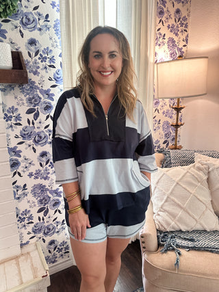 Yarn Dye Stripe Half Zip-Up Top N Shorts- Rugby-Set-K. Ellis Boutique
