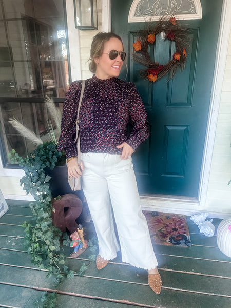 Mock Neck Printed Blouse - Navy and Burgundy-K. Ellis Boutique