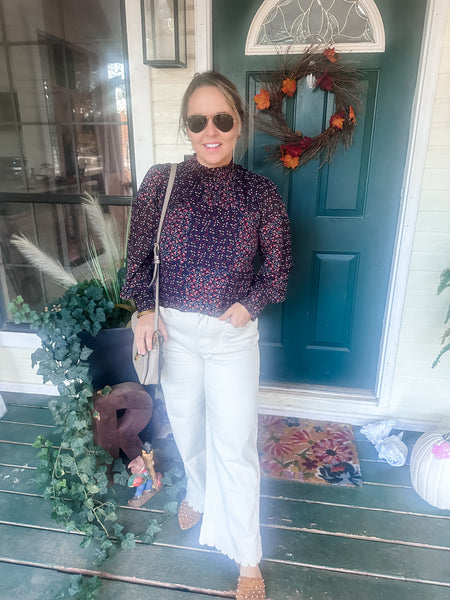 Mock Neck Printed Blouse - Navy and Burgundy-K. Ellis Boutique