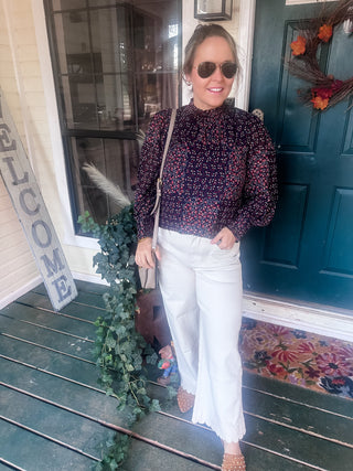 Mock Neck Printed Blouse - Navy and Burgundy-Long Sleeve Top-K. Ellis Boutique