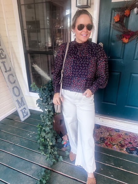 Mock Neck Printed Blouse - Navy and Burgundy-K. Ellis Boutique