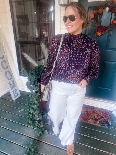 Mock Neck Printed Blouse - Navy and Burgundy-K. Ellis Boutique