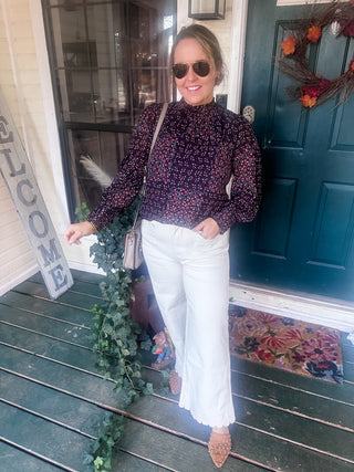Mock Neck Printed Blouse - Navy and Burgundy-Long Sleeve Top-K. Ellis Boutique