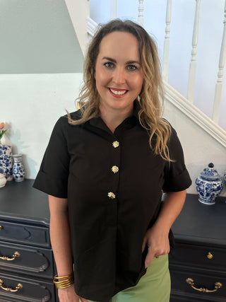 Cathy Button Top- Black-Short Sleeve Top-K. Ellis Boutique