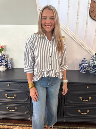 Striped Ruffle Hem Button Down-Short Sleeve Top-K. Ellis Boutique