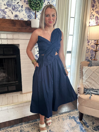 Knotted Flower Midi Dress- Navy-Midi/Maxi Dress-K. Ellis Boutique