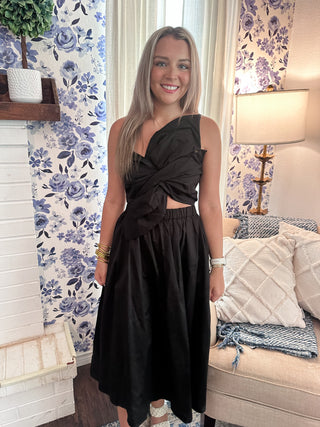 Knotted Flower Midi Dress- Black-Midi/Maxi Dress-K. Ellis Boutique