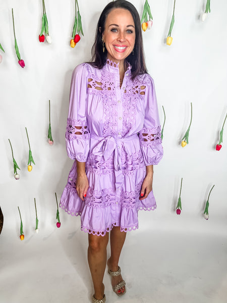 Solid Pearl Button Up Mini Dress- Lavender-K. Ellis Boutique