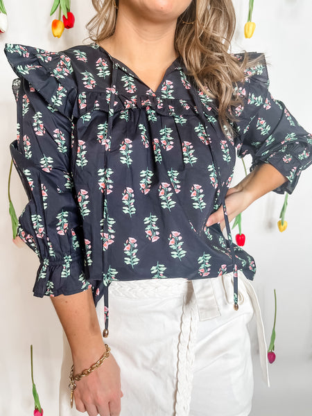 Floral Print Ruffle Shoulder Top - Black-K. Ellis Boutique