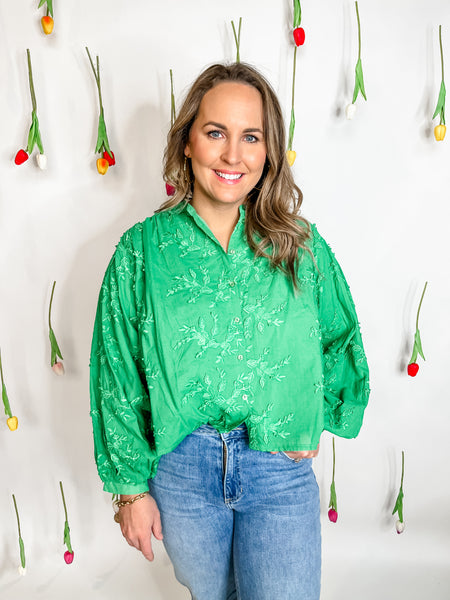 Floral Embroidery Top - Green-K. Ellis Boutique