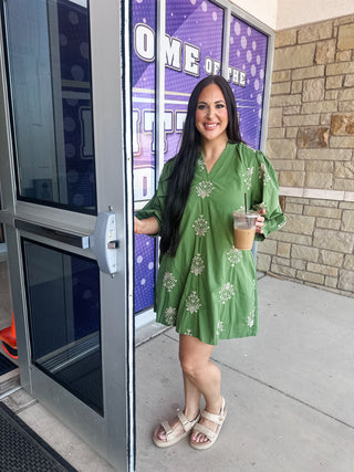 Olive Embroidered Puff Sleeve Mini Dress-Mini Dress-K. Ellis Boutique