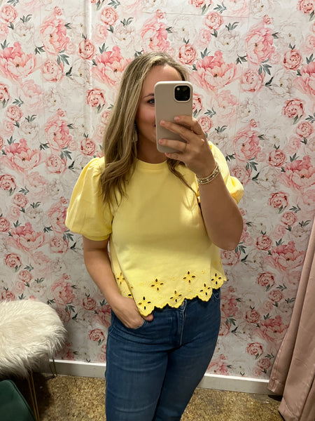 Solid Puff Sleeve Embroidery Hem Top - Lemon-K. Ellis Boutique