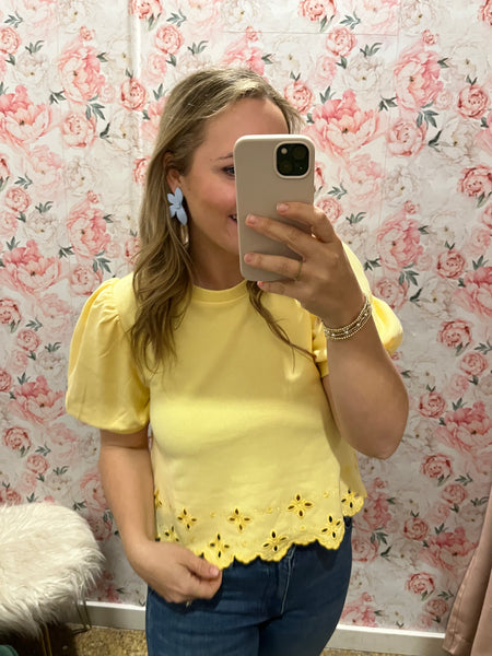 Solid Puff Sleeve Embroidery Hem Top - Lemon-K. Ellis Boutique