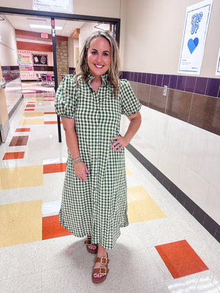 Olive Gingham Puff Sleeve Midi Dress-Midi/Maxi Dress-K. Ellis Boutique