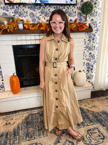 Kassie Sleeveless Button Down Midi- Taupe-K. Ellis Boutique